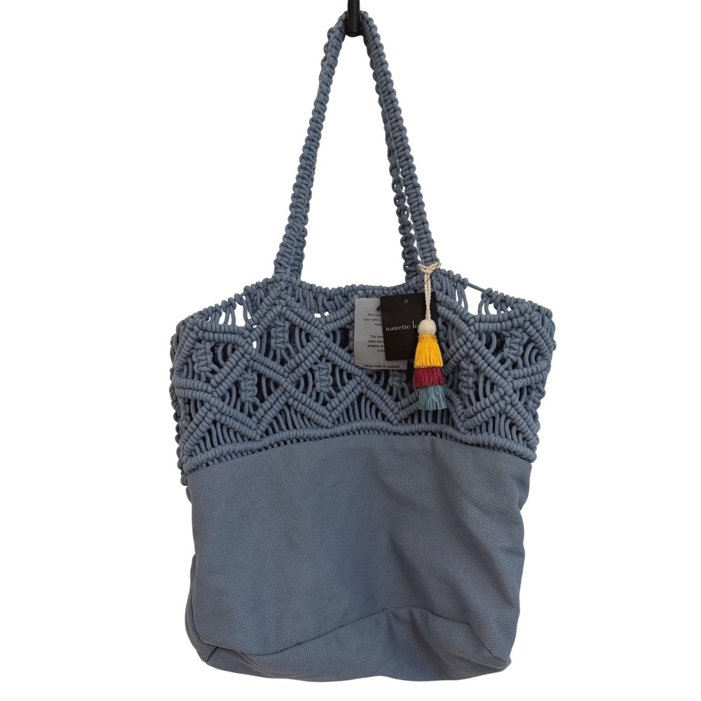 Nanette Lepore Blue Macrame Unique Artisinal Tote Bag Handmade Boho Tassel NWT